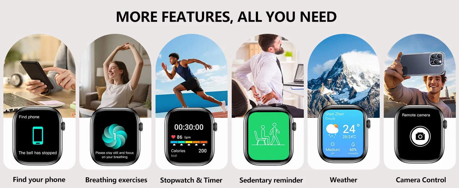 KIPTUMTEK Smart Watch features: find phone, breathing exercises, stopwatch and timer, sedentary reminder, weather, camera control